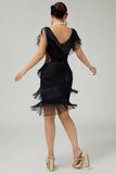 Vestido de lentejuelas con flecos y flecos ajustados y cuello en V negro de los años 20 con conjunto de accesorios de 5 piezas