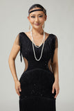 Vestido de lentejuelas con flecos y flecos ajustados y cuello en V negro de los años 20 con conjunto de accesorios de 5 piezas