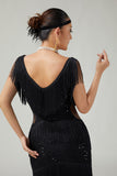 Vestido de lentejuelas con flecos y flecos ajustados y cuello en V negro de los años 20 con conjunto de accesorios de 5 piezas