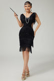 Vestido de lentejuelas con flecos y flecos ajustados y cuello en V negro de los años 20 con conjunto de accesorios de 5 piezas
