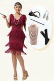 Vestido de lentejuelas bodycon burdeos con flecos y flecos de la década de 1920 con conjunto de accesorios de 5 piezas