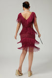 Vestido de lentejuelas bodycon burdeos con flecos y flecos de la década de 1920 con conjunto de accesorios de 5 piezas