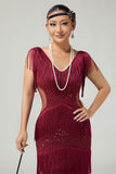 Vestido de lentejuelas bodycon burdeos con flecos y flecos de la década de 1920 con conjunto de accesorios de 5 piezas