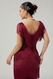 Vestido de lentejuelas bodycon burdeos con flecos y flecos de la década de 1920 con conjunto de accesorios de 5 piezas