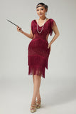 Vestido de lentejuelas bodycon burdeos con flecos y flecos de la década de 1920 con conjunto de accesorios de 5 piezas