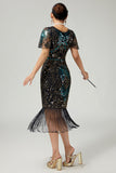 Vestido ajustado con flecos de lentejuelas azules negras de la década de 1920 con conjunto de accesorios de 5 piezas