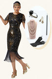 Vestido de lentejuelas con flecos dorado negro de los años 20 con conjunto de accesorios de 5 piezas