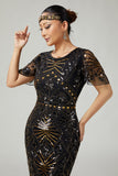 Vestido de lentejuelas con flecos dorado negro de los años 20 con conjunto de accesorios de 5 piezas