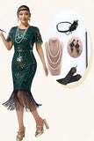 Vestido de lentejuelas bodycon con flecos verde oscuro de la década de 1920 con conjunto de accesorios de 5 piezas