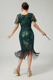Vestido de lentejuelas bodycon con flecos verde oscuro de la década de 1920 con conjunto de accesorios de 5 piezas