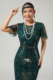Vestido de lentejuelas bodycon con flecos verde oscuro de la década de 1920 con conjunto de accesorios de 5 piezas