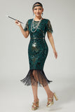 Vestido de lentejuelas bodycon con flecos verde oscuro de la década de 1920 con conjunto de accesorios de 5 piezas