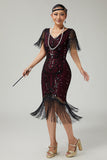 Vestido ajustado de lentejuelas burdeos de la década de 1920 con flecos y conjunto de accesorios de 5 piezas