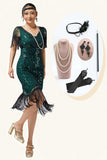 Vestido ajustado con flecos de lentejuelas verde oscuro de la década de 1920 con conjunto de accesorios de 5 piezas