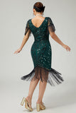 Vestido ajustado con flecos de lentejuelas verde oscuro de la década de 1920 con conjunto de accesorios de 5 piezas