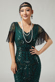 Vestido ajustado con flecos de lentejuelas verde oscuro de la década de 1920 con conjunto de accesorios de 5 piezas