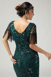 Vestido ajustado con flecos de lentejuelas verde oscuro de la década de 1920 con conjunto de accesorios de 5 piezas