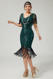 Vestido ajustado con flecos de lentejuelas verde oscuro de la década de 1920 con conjunto de accesorios de 5 piezas
