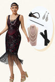 Vestido ajustado con flecos de lentejuelas burdeos de los años 20 con conjunto de accesorios de 5 piezas