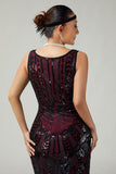 Vestido ajustado con flecos de lentejuelas burdeos de los años 20 con conjunto de accesorios de 5 piezas
