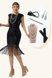 Vestido de lentejuelas negras con flecos de la década de 1920 con conjunto de accesorios de 5 piezas