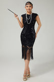 Vestido de lentejuelas negras con flecos de la década de 1920 con conjunto de accesorios de 5 piezas