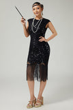 Vestido de lentejuelas negras con flecos de la década de 1920 con conjunto de accesorios de 5 piezas