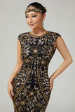 Vestido de flecos dorados negros brillantes de los años 20 con conjunto de accesorios de 5 piezas