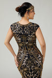 Vestido de flecos dorados negros brillantes de los años 20 con conjunto de accesorios de 5 piezas
