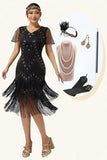 Vestido ajustado con flecos y cuello en V dorado negro de la década de 1920 con conjunto de accesorios de 5 piezas