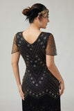 Vestido ajustado con flecos y cuello en V dorado negro de la década de 1920 con conjunto de accesorios de 5 piezas