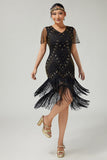 Vestido ajustado con flecos y cuello en V dorado negro de la década de 1920 con conjunto de accesorios de 5 piezas