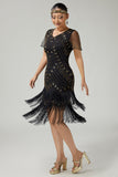 Vestido ajustado con flecos y cuello en V dorado negro de la década de 1920 con conjunto de accesorios de 5 piezas