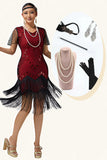 Vestido ajustado con flecos rojos y negro de los años 20 con cuentas y accesorios de 5 piezas