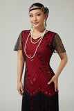 Vestido ajustado con flecos rojos y negro de los años 20 con cuentas y accesorios de 5 piezas