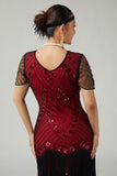 Vestido ajustado con flecos rojos y negro de los años 20 con cuentas y accesorios de 5 piezas