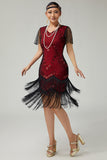 Vestido ajustado con flecos rojos y negro de los años 20 con cuentas y accesorios de 5 piezas