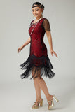 Vestido ajustado con flecos rojos y negro de los años 20 con cuentas y accesorios de 5 piezas