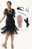 Vestido ajustado con flecos de cuentas negras y plata de la década de 1920 con conjunto de accesorios de 5 piezas