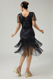 Vestido ajustado con flecos de cuentas negras y plata de la década de 1920 con conjunto de accesorios de 5 piezas