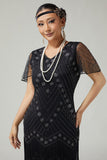 Vestido ajustado con flecos de cuentas negras y plata de la década de 1920 con conjunto de accesorios de 5 piezas