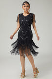 Vestido ajustado con flecos de cuentas negras y plata de la década de 1920 con conjunto de accesorios de 5 piezas