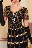 Vestido bodycon midi de los años 20, vestido de lentejuelas negro dorado con flecos y brillante con 5 piezas de accesorios