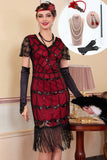 Vestido bodycon de escote en V con flecos y flecos negros con lentejuelas negras y conjunto de accesorios de 5 piezas