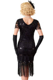 Vestido negro bodycon escote en V con flecos y flecos de los años 20 y conjunto de accesorios de 5 piezas