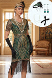 Vestido bodycon midi de los años 20 con escote en V verde dorado y flecos con lentejuelas y accesorios de 4 piezas