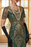 Vestido bodycon midi de los años 20 con escote en V verde dorado y flecos con lentejuelas y accesorios de 4 piezas