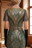 Vestido bodycon midi de los años 20 con escote en V verde dorado y flecos con lentejuelas y accesorios de 4 piezas