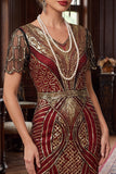 Vestido bodycon midi de los años 20 con un jersey de 5 piezas con lentejuelas doradas y brillante de lentejuelas doradas con flecos