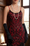 Vestido de los años 20 con lentejuelas negras rojas y tirantes finos, cuerpo ajustado con flecos y accesorios de 5 piezas